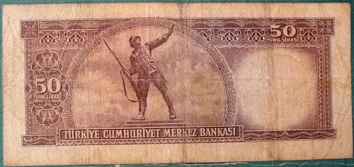TURKEY 50 LIRA NOTE FROM 1971 ( LAW OF 1970 ) , P 187A, TWO SIGNATURES - Picture 2 of 2