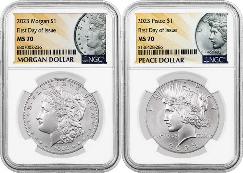 2023 $1 Morgan & Peace Silver Dollar 2 Coin Set NGC MS70 FDOI