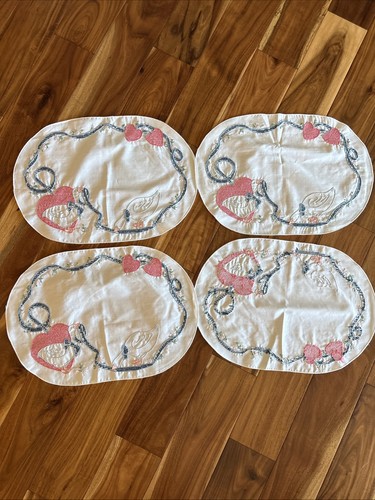 Vintage Lot Of 4 Handmade Embroidered Placemat Goose Heart