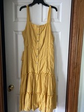 Tahari Mustard Cotton Eyelet Tiered Smocked Midi Sundress Pom Pom Trim 12