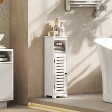 Bathroom Floor Cabinet with Louvered Door, Slim Bathroom Storage Unit, White