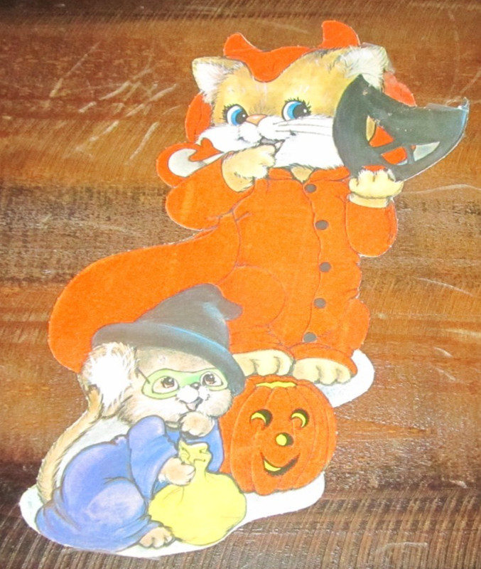 Vintage Cute Trick or Treat Cat Mouse Fuzzy Felt Feel Flocked Halloween Die Cut