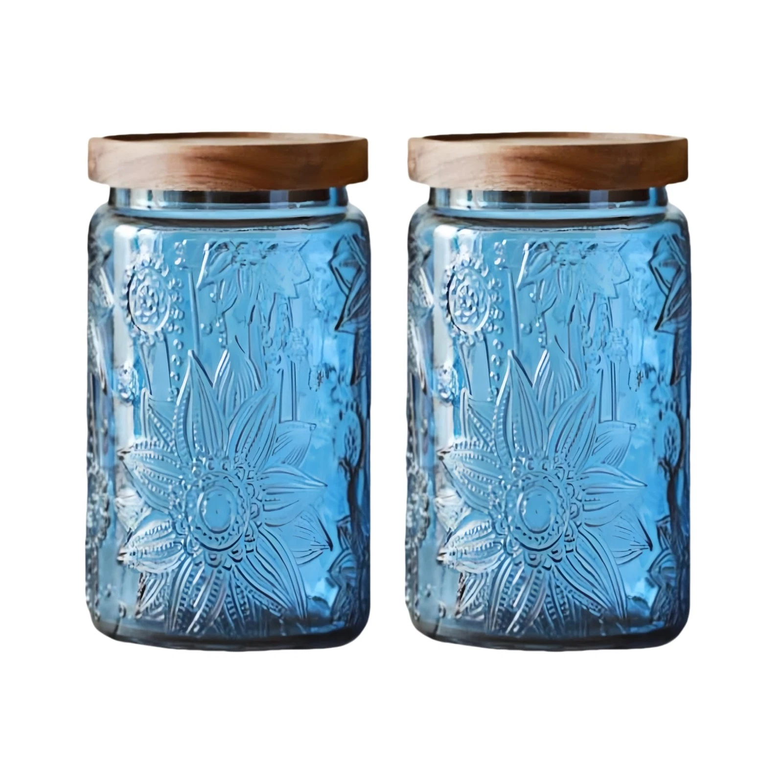Set of 2 Vintage Blue Glass Storage Jars with Wood Lids, 34oz Kitchen Caniste...