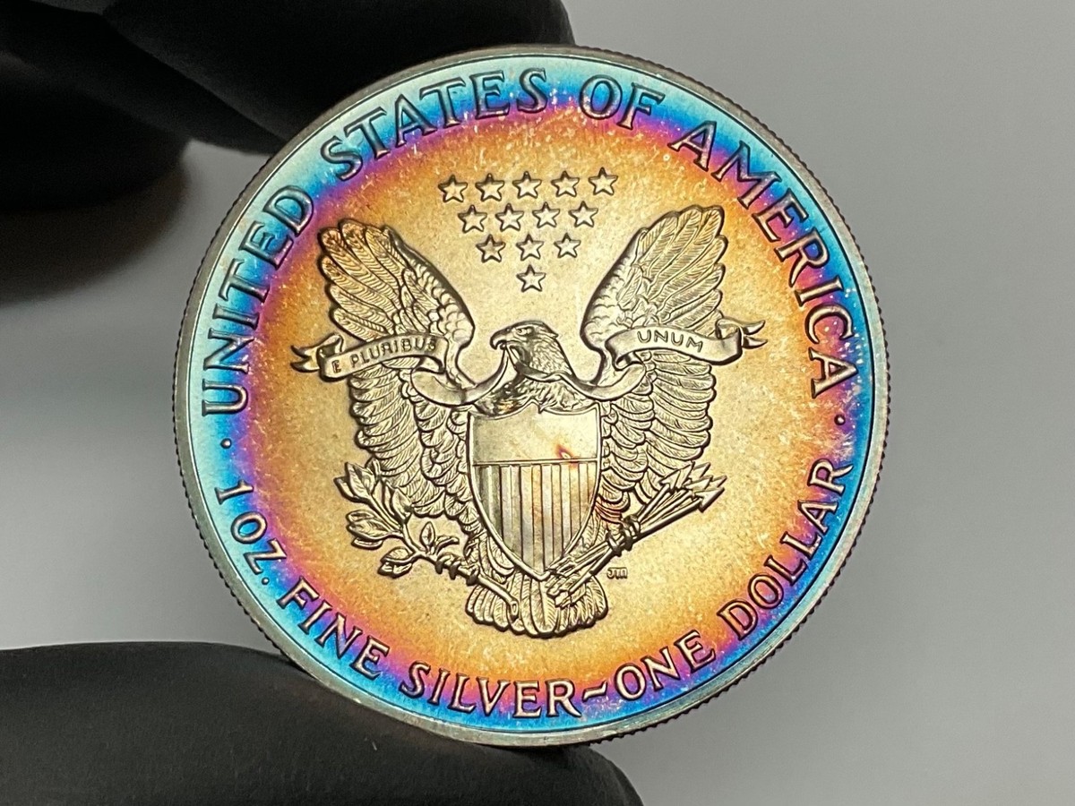 1989年 アメリカンイーグル☆シルバー☆レインボートーン 1989 American Silver Eagle 1oz MONSTER Bullseye 🎯 🌈 Toning Toned