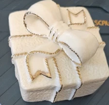 Vintage Ceramic Gift Box Trinket Dish White Bow Gold Accents Jewelry