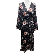 Misa Los Angeles Luna Wrap Maxi Dress Size M Black Floral Ruffles Bell Sleeve