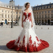 Ivory And Red Mermaid Wedding Dress Lace Appliques Straps Sleeveless Bridal Gown