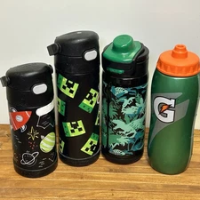4 Kids Water Bottle Lot Gatorade Zak! Thermos Boys Dinosaur Minecraft Space
