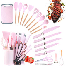 Silicone Kitchen Cooking Utensils Knife Set with Holder Block Cutting Board Pink