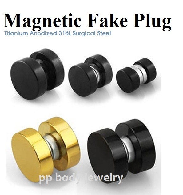 Fake Plug Earrings - Black Stainless Steel Flesh Tunnel Style, 1.2mm, 8mm Diameter