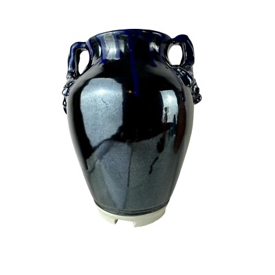 Deep blue Vase drip rim ornate handles unglazed bottom Signed Strother 2004