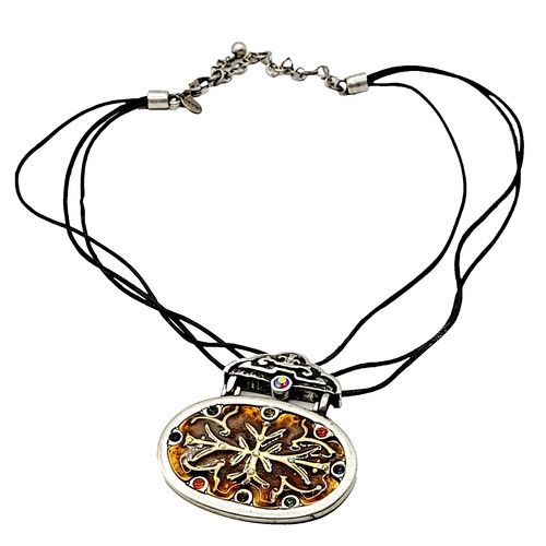 Chico's Enamel and Rhinestone Pendant Necklace Triple Stand Cord Vintage Signed