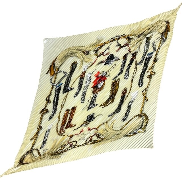 Hermes Scarf Pleated Carre 90 Propos De Bottes About Boots Silk White Multicolor