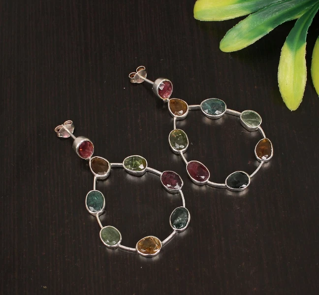 Multi Rose Cut Tourmaline Gemstone 925 Sterling Silver Gold Plated Earring Stnd. - Image 2 of 3