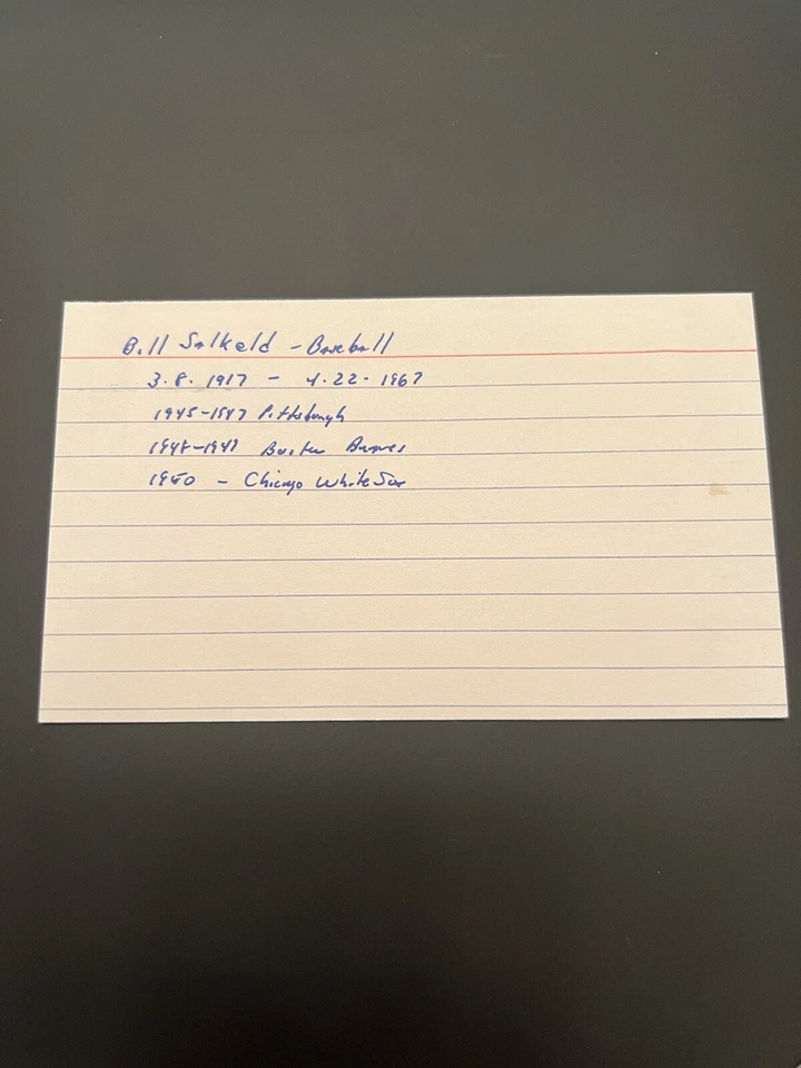 Tarjeta índice firmada por Bill Salkeld corte JSA LOA Pittsburgh Pirates Braves White Sox Foto 2 de 3