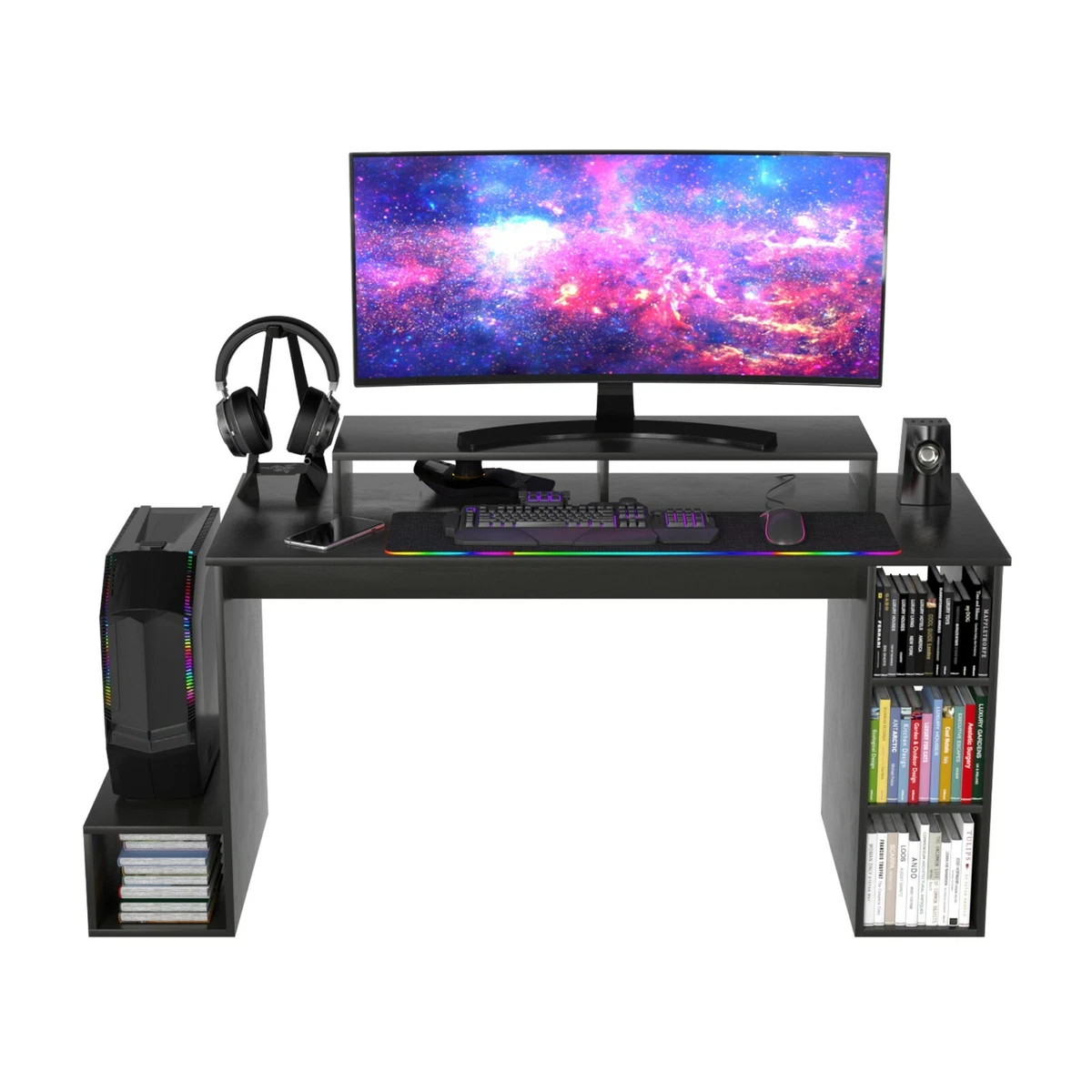 140CM GAMING DESK WITH SHELVES HOME OFFICE RACER COMPUTER PC TABLE -  BLACK(7592)