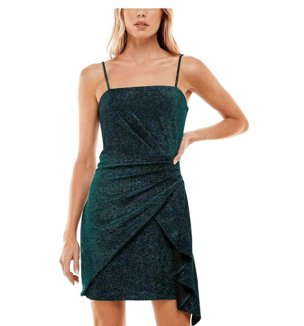 slim fit dress slacks Trixxi Womens Green Lace Zippered Lined Spaghetti Strap Square Neck Above The Knee Party Shift Dress