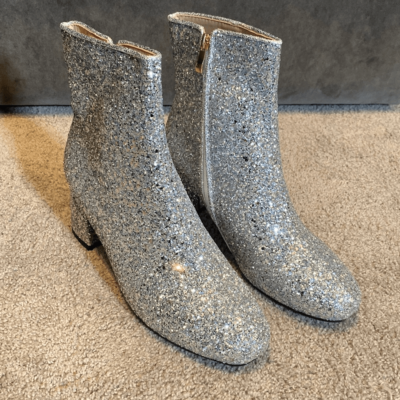 Women's Silver Glitter Covered Chunky Heeled Sparkly Boots Size