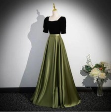Women's Summer Show Compere Evening Dress Splicing Party Short Sleeve Long Skirt