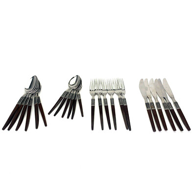SET OF 6 EKCO ETERNA LA JOYA STAINLESS FAUX WOOD HANDLE MADE IN JAPAN