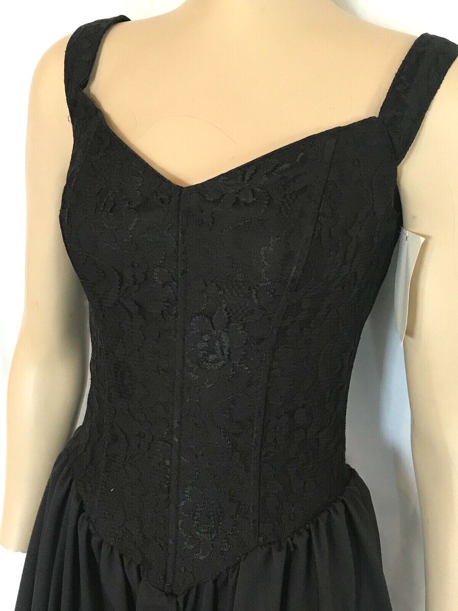 Black Lace Bodice Corset Dress with Drawstring Cinched Back, Small