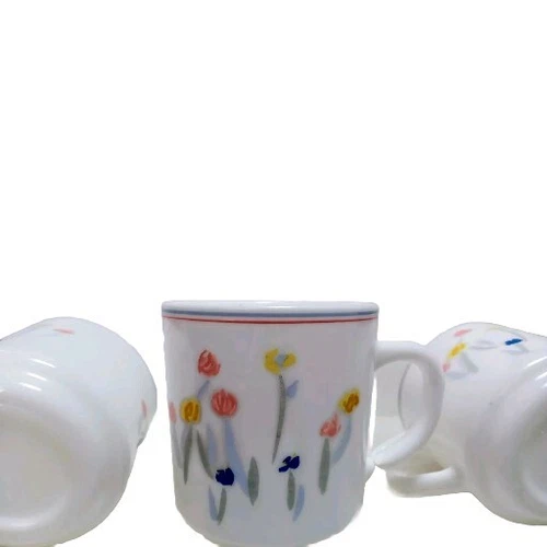 Arcopal France, Italy Pastoral Milk Glass Coffee Cup Mug Pastel Flowers Lot of 3