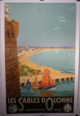 affiche ancienne originale chemin de fer les sables d'Olonne vers 1930 entoilée - Photo 1/4