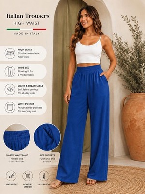 Italienische Damenhose weites Bein hoher Bund Gummibund Palazzohose
