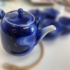 Fukagawa Seiji Arita Blue Teapot  5 Teacups Set High-Grade Used