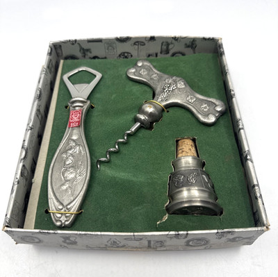 Vintage Vogel Pewter Wine Bottle Gift Set Corkscrew Opener Stopper