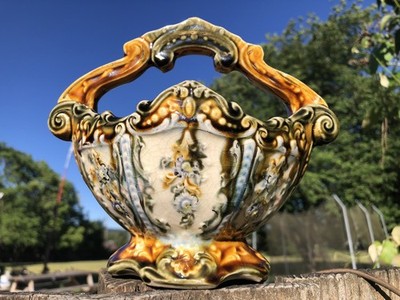 ANTIQUE VICTORIAN FLORAL DECORATED MAJOLICA HANDLED BASKET-RARE