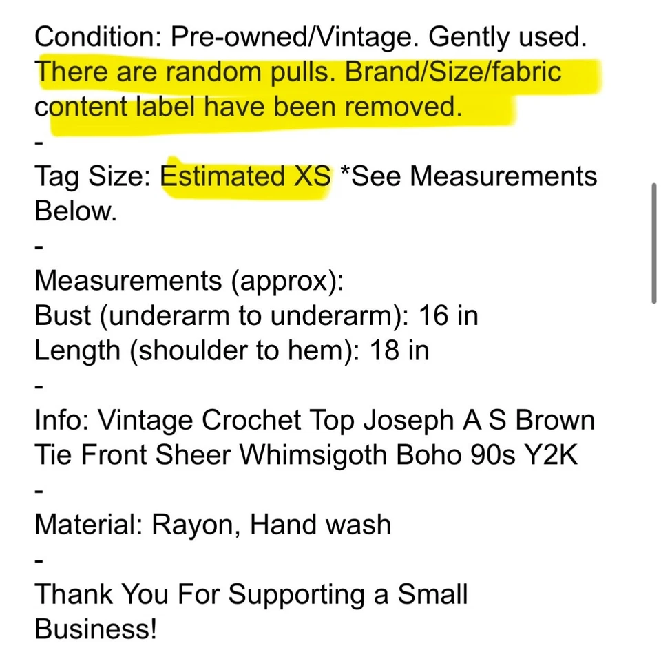 Top Vintage Crochet XS Marrón Corbata Frontal Transparente Capricho Boho Años 90 Y2K Joseph A Foto 4 de 4