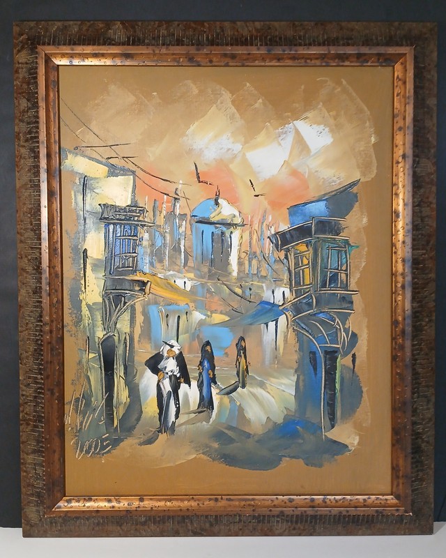 Original Art Oil Painting Middle East Scene Framed 2005 Wall Decor Unique Frame