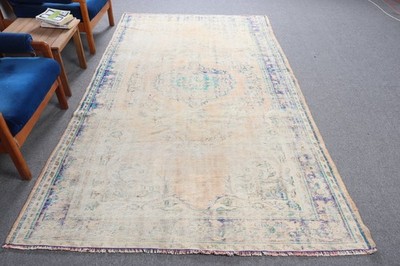 Vintage Large Rug 5,5x9,3 ft, Blue White Oriental Rug Wool