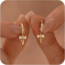 14K Gold Plated Ribbon Bow Huggie Earrings for Women, Small Opal Drop Hoop Earri