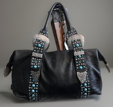 Charm & Luck Black Leather Turquoise Studded western/boho inspired Buckle BagY2K