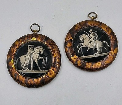 2  Vtg Reverse Painted Silhouette Glass Round Tortoiseshell Frame Classical