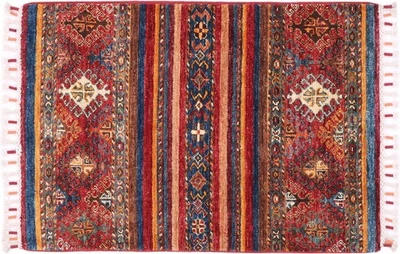 Afghan Ziegler Khorjin Teppich 60x90 Handgeknüpft Rot Streifen Orient Kurzflor f - Bild 1 von 4