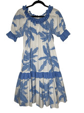 Vintage Hilo Hattie Dress Blue White Botanical Shift Dress Size M Resortwear