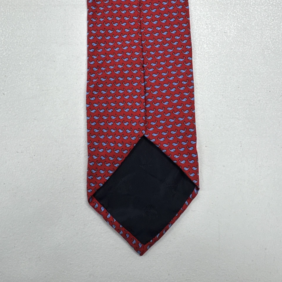 Gravata masculina Brooks Brothers EUA padrão baleia vermelha e azul 100% seda pescoço - Imagem 3 de 4