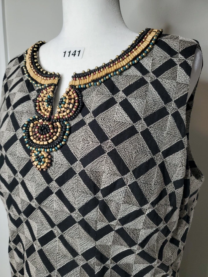 Vestido Ellen Tracy Negro Gris Bordado Tribal Cuentas Sin Mangas Talla 16 Boho Foto 3 de 4