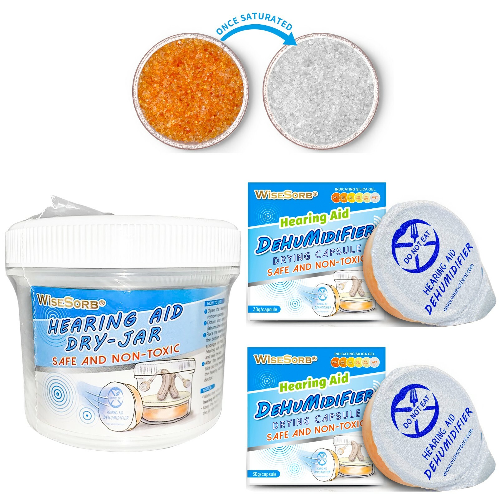 Hearing Drying Jar and Dehumidifier Set (1 Container and 2pcs &times; 30g Capsules)
