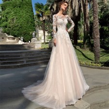 Long Sleeves Tulle Wedding Dresses A Line Lace Applique Bridal Gown Floor Length