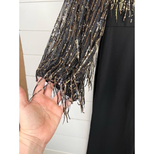 Eliza J Black Sequin Fringe Top Long Sleeve Embellished Formal Jumpsuit Size 10 - Picture 5 of 11
