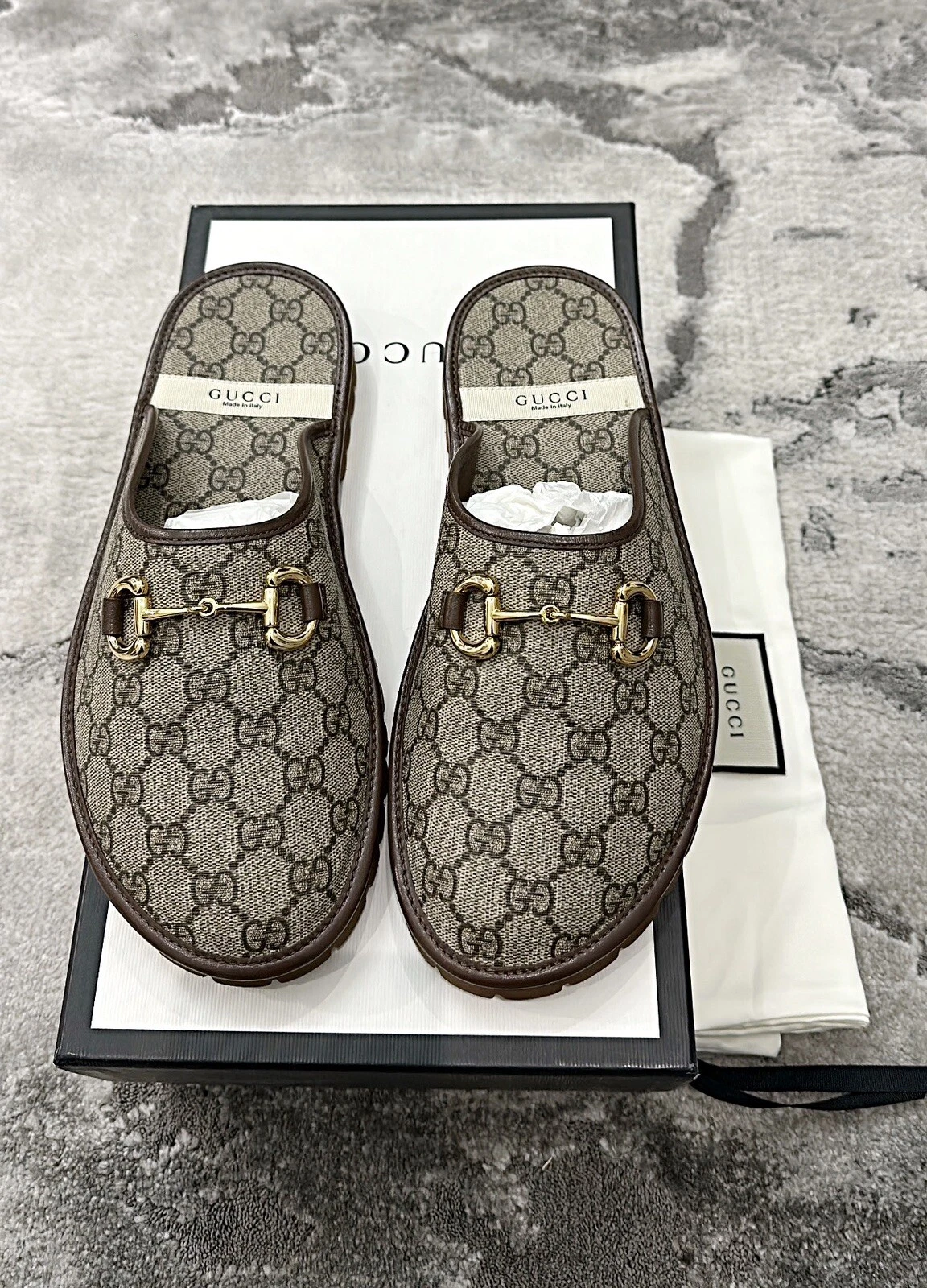Authentique sabot/mule Gucci Supreme en toile marron pour homme en cuir US8,5 EU42 UK8