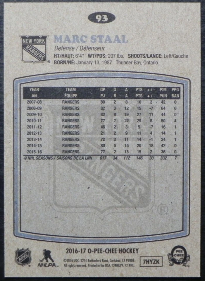 2016-17 16/17 O-Pee-Chee RETRO #93 Marc Staal New York Rangers - Image 2 of 2