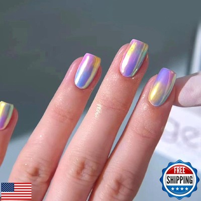 Medium Press on Nails Square Fake Nails with Purple Blue Yellow Gradient Desi