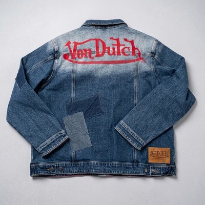 Von Dutch Originals Patchwork Denim Trucker Jacket Large Red Logo Y2K Mens XL