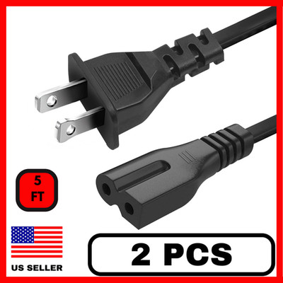 2 Pack 2 Prong Polarized TV Power Cord 5 FT US Plug AC Power Cord Cable 125v