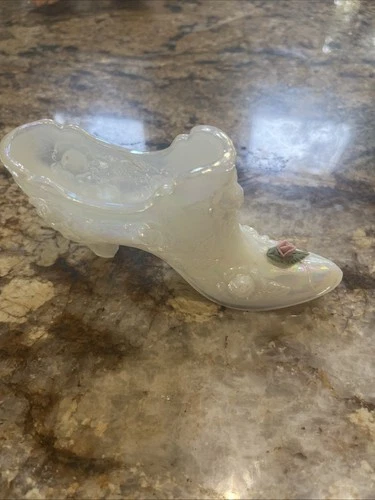 Vintage Collectible Fenton Iridescent White Cabbage Rose Art Glass Slipper